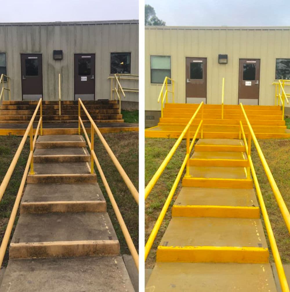 Before and after cleaning of building entrance steps with yellow railings, showcasing improved appearance.